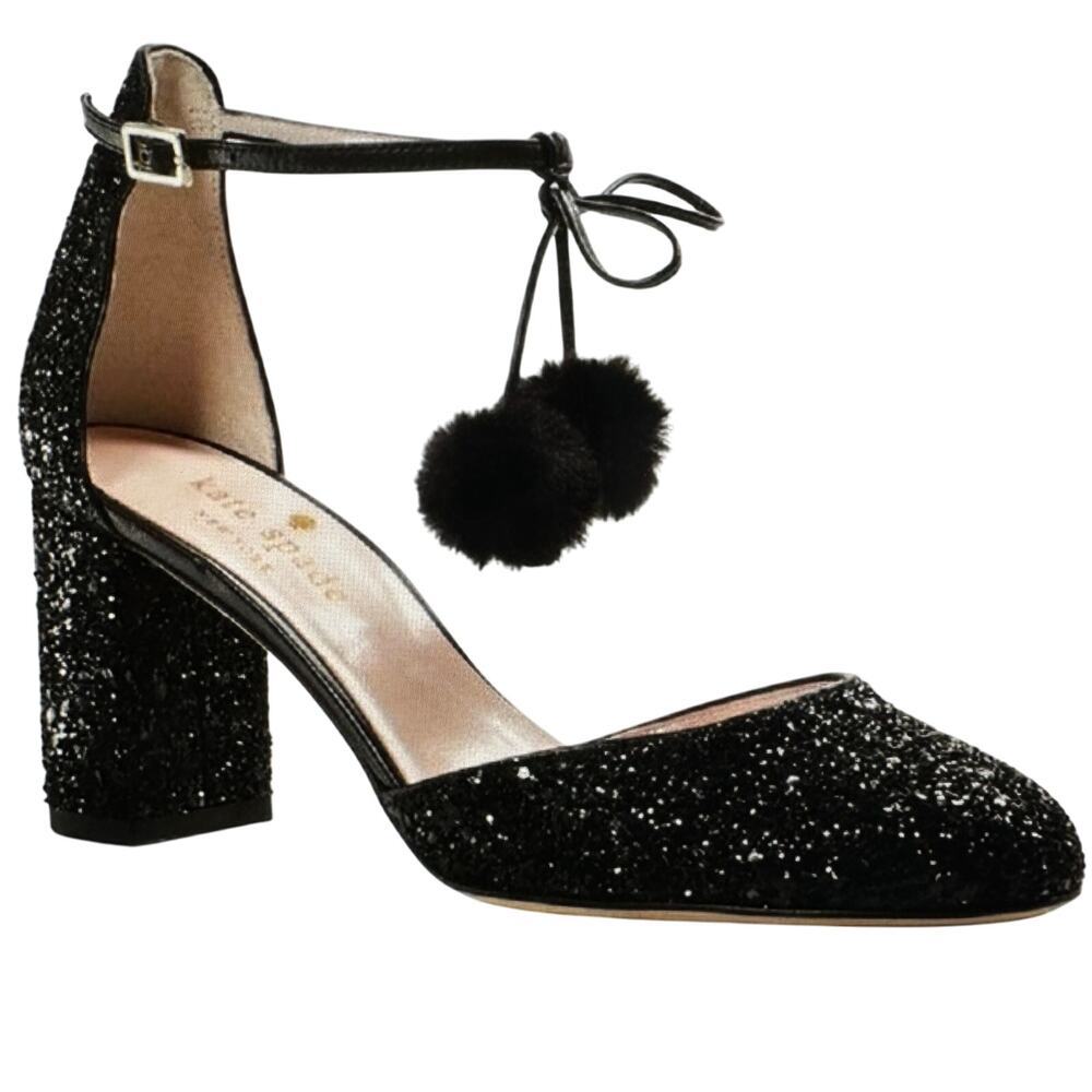 Kate Spade Abigail Glitter Pumps Pom‎ Pom Block Heel Party Shoe Wmn Sz 6.5